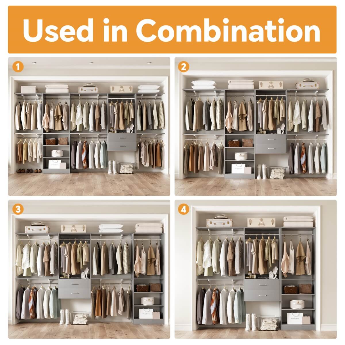 Walk in Closet System with 2 Sets, with 2 Drawers & 8 Hanging Rods, Reversible Design, 154''L x 15.7''W x 75''H