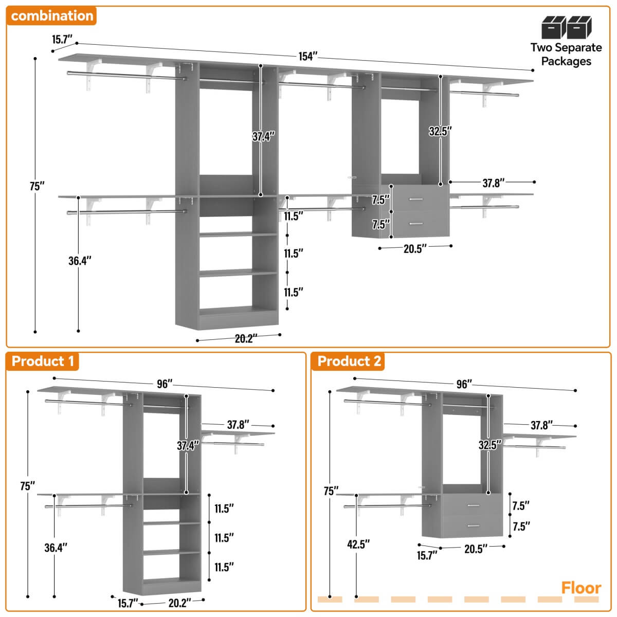 Walk in Closet System with 2 Sets, with 2 Drawers & 8 Hanging Rods, Reversible Design, 154''L x 15.7''W x 75''H