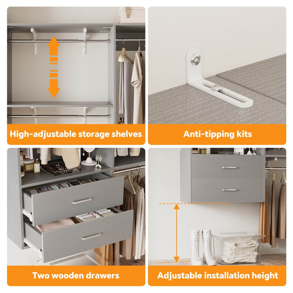 Walk in Closet System with 2 Sets, with 2 Drawers & 8 Hanging Rods, Reversible Design, 154''L x 15.7''W x 75''H
