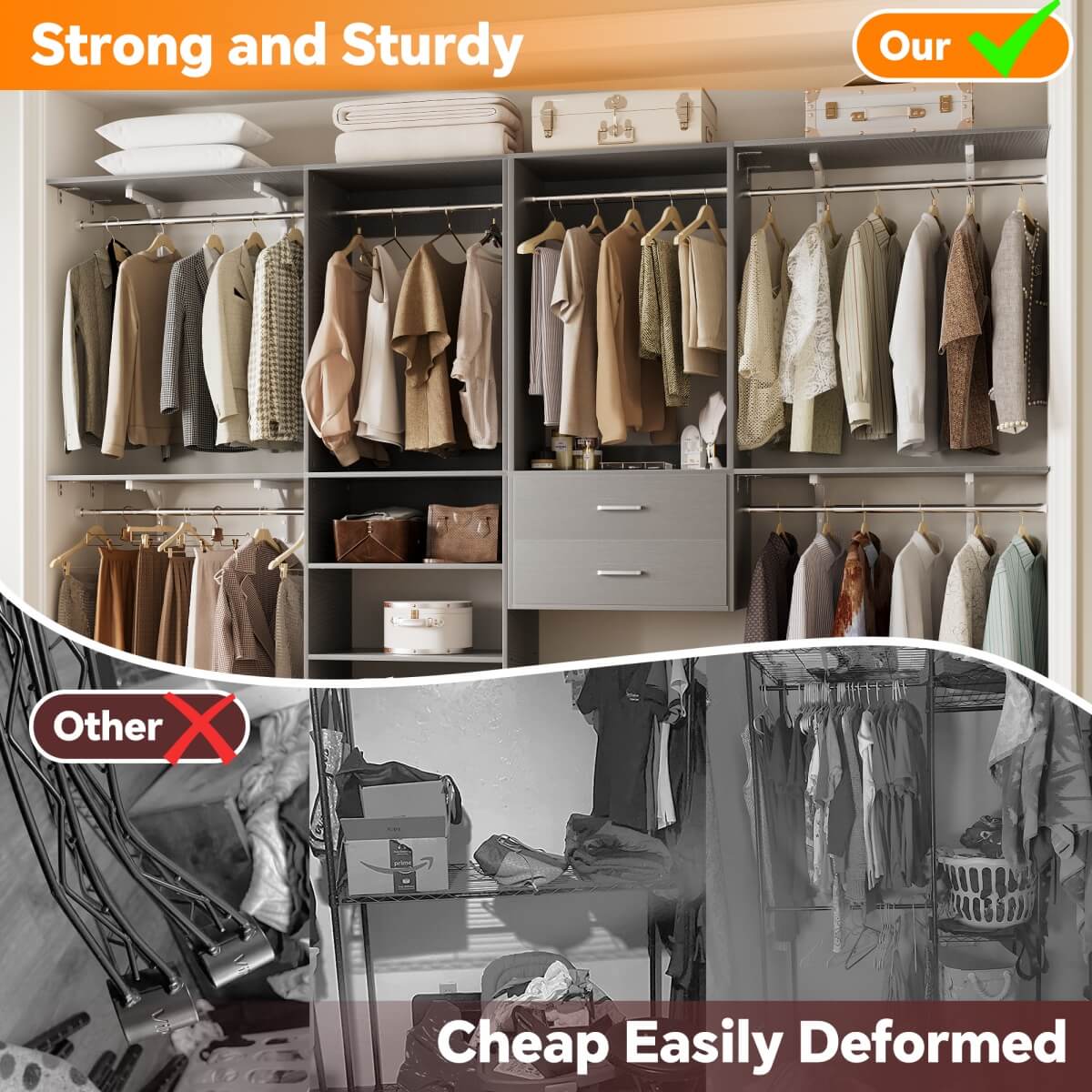 Walk in Closet System with 2 Sets, with 2 Drawers & 8 Hanging Rods, Reversible Design, 154''L x 15.7''W x 75''H