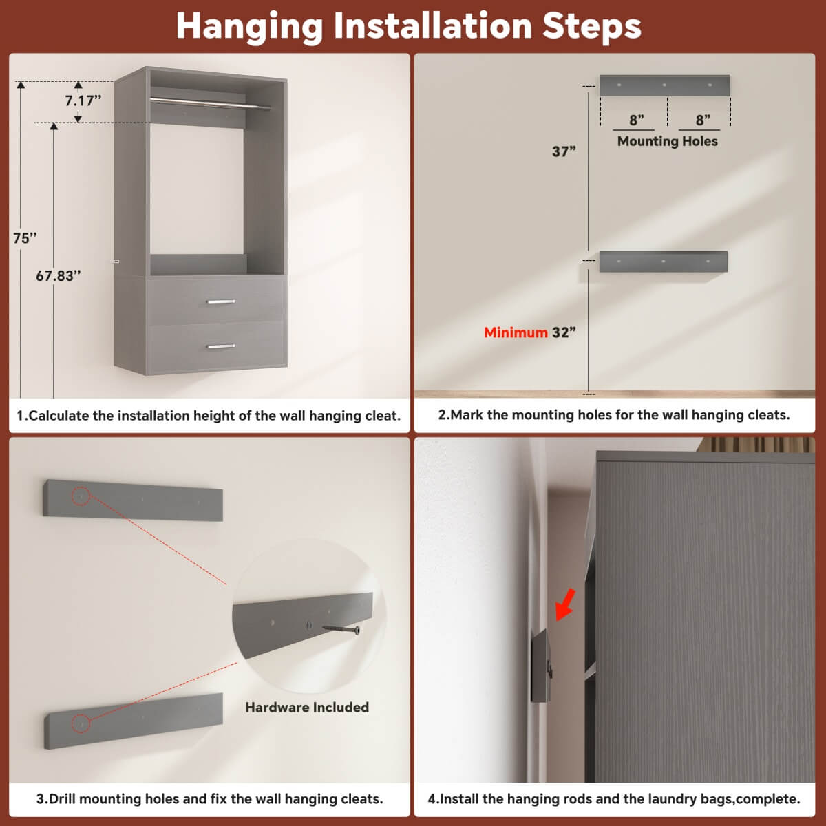 Walk in Closet System with 2 Sets, with 2 Drawers & 8 Hanging Rods, Reversible Design, 154''L x 15.7''W x 75''H