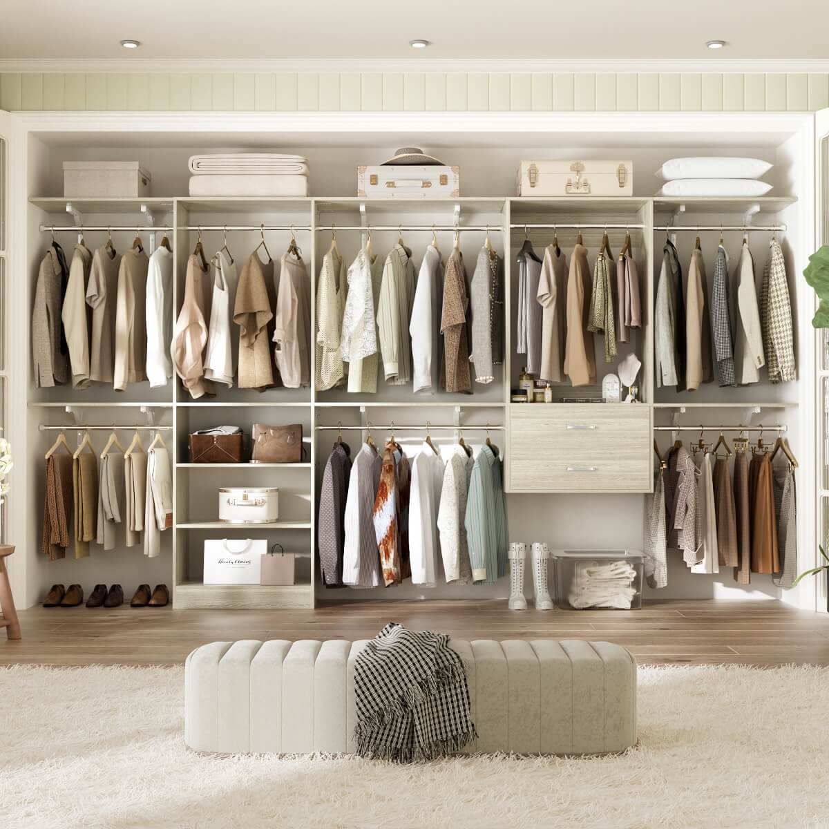 Walk in Closet System with 2 Sets, with 2 Drawers & 8 Hanging Rods, Reversible Design, 154''L x 15.7''W x 75''H