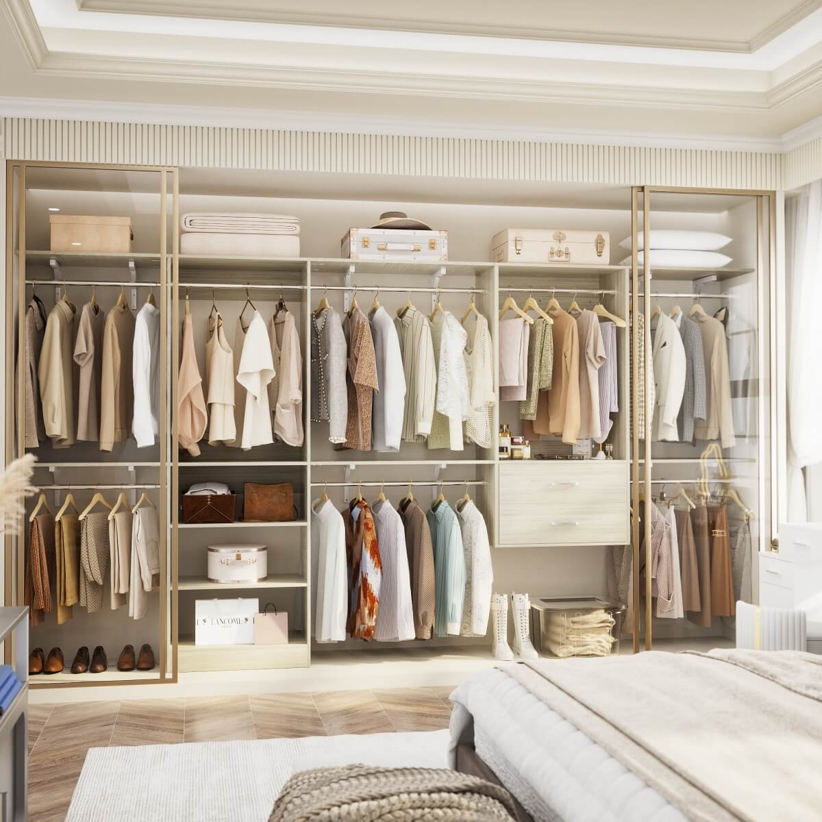 Walk in Closet System with 2 Sets, with 2 Drawers & 8 Hanging Rods, Reversible Design, 154''L x 15.7''W x 75''H