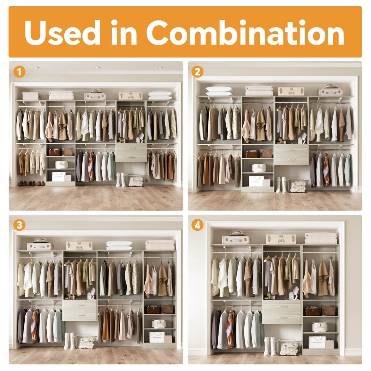 Walk in Closet System with 2 Sets, with 2 Drawers & 8 Hanging Rods, Reversible Design, 154''L x 15.7''W x 75''H