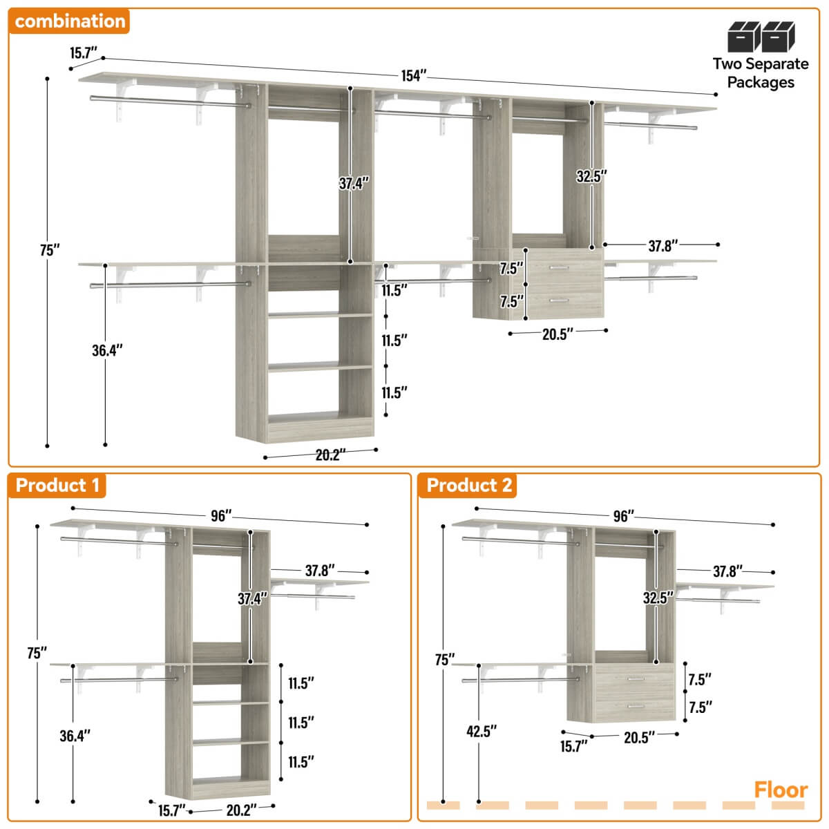 Walk in Closet System with 2 Sets, with 2 Drawers & 8 Hanging Rods, Reversible Design, 154''L x 15.7''W x 75''H