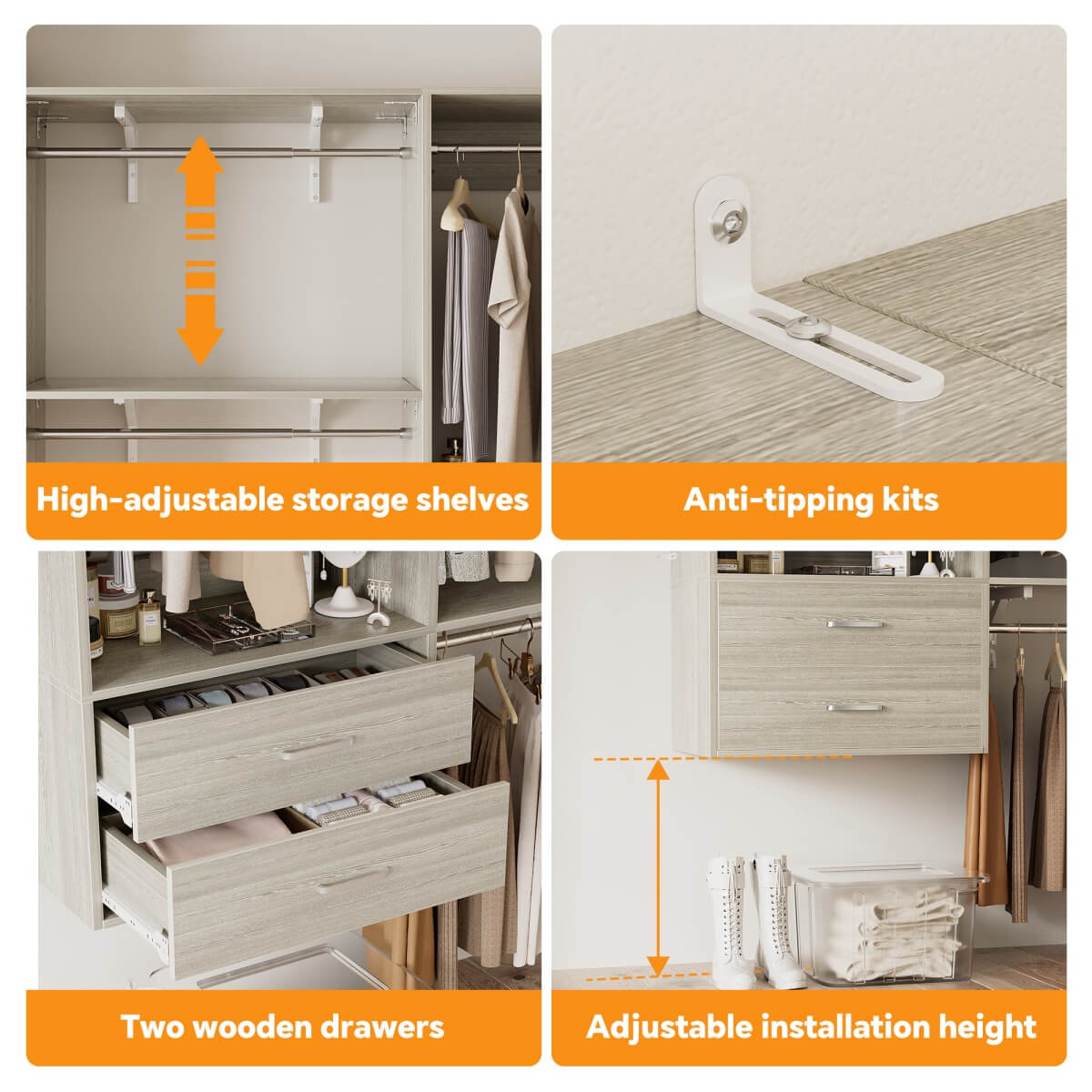 Walk in Closet System with 2 Sets, with 2 Drawers & 8 Hanging Rods, Reversible Design, 154''L x 15.7''W x 75''H