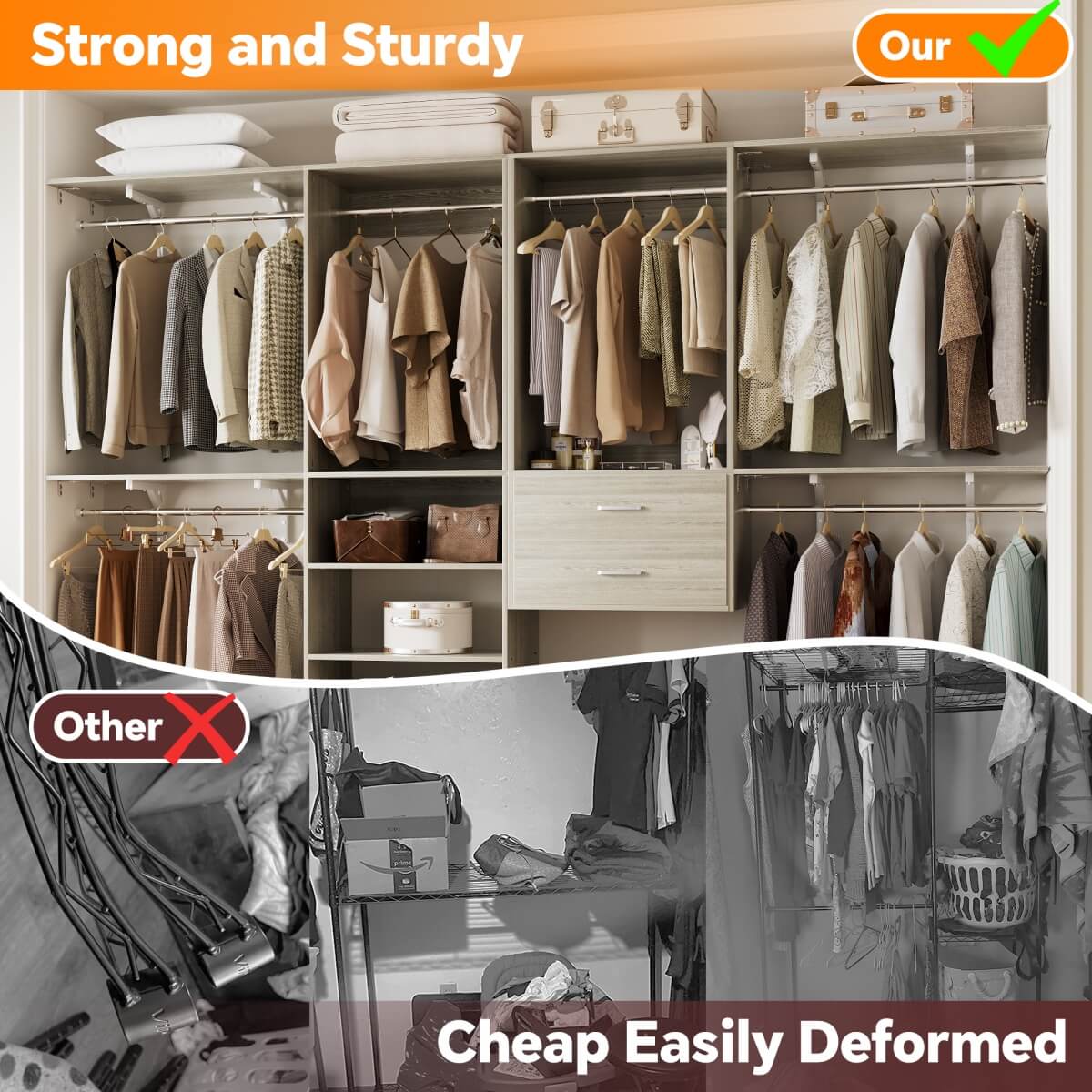 Walk in Closet System with 2 Sets, with 2 Drawers & 8 Hanging Rods, Reversible Design, 154''L x 15.7''W x 75''H