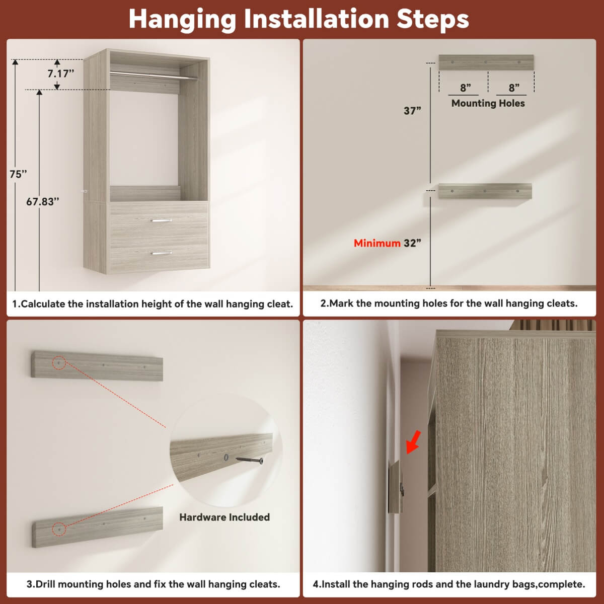 Walk in Closet System with 2 Sets, with 2 Drawers & 8 Hanging Rods, Reversible Design, 154''L x 15.7''W x 75''H