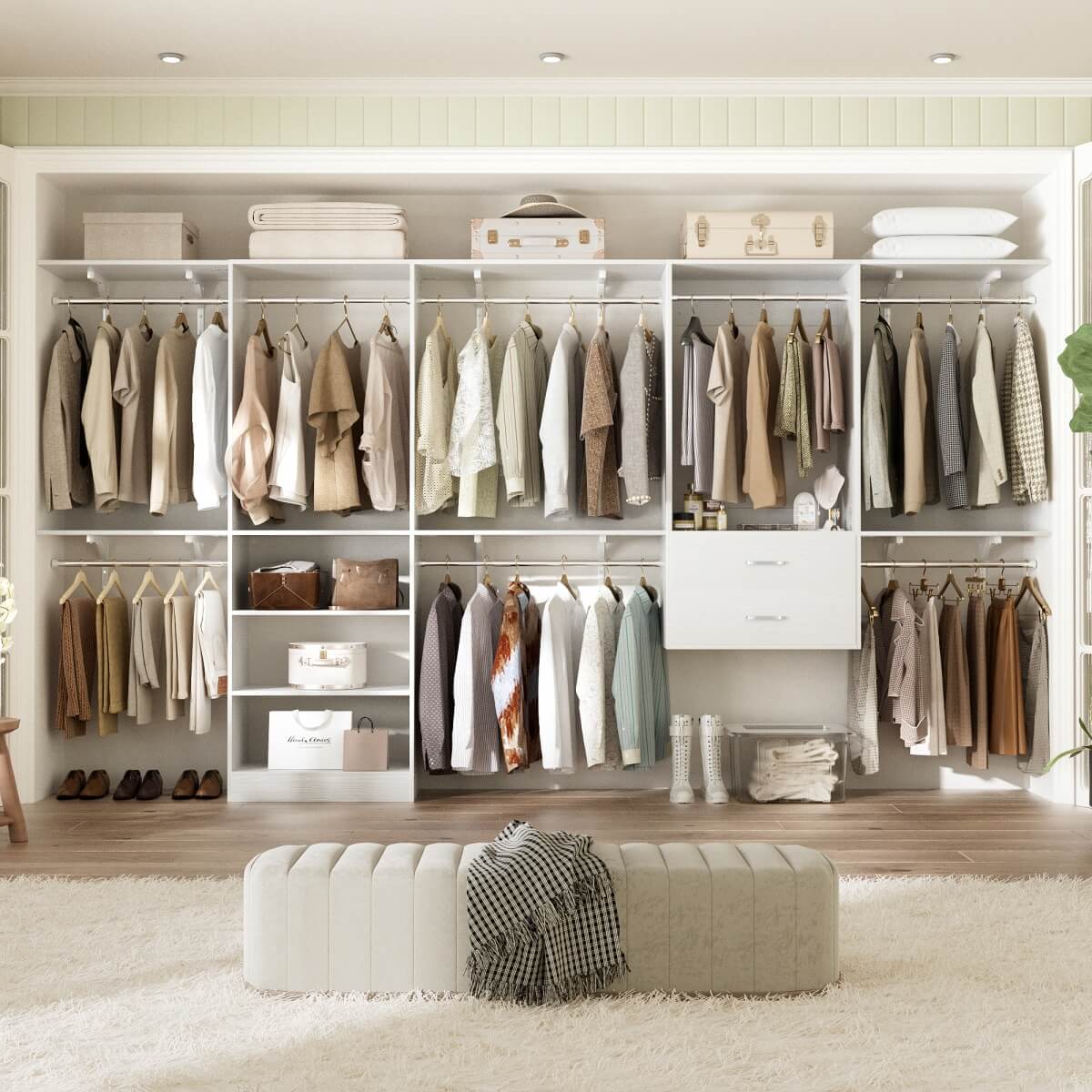 Walk in Closet System with 2 Sets, with 2 Drawers & 8 Hanging Rods, Reversible Design, 154''L x 15.7''W x 75''H