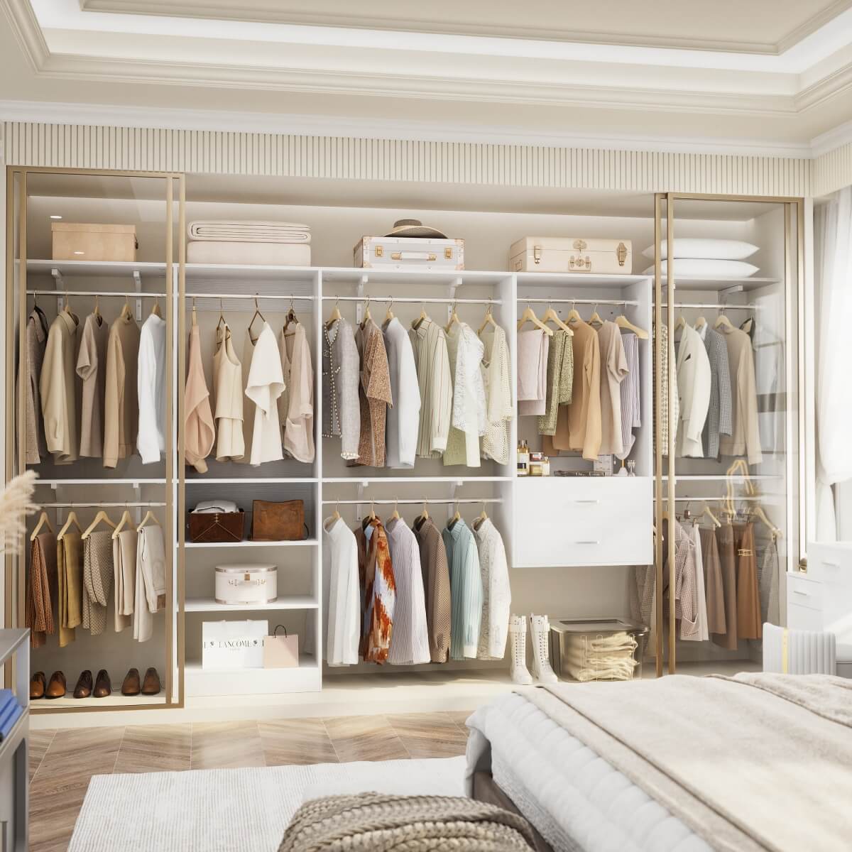 Walk in Closet System with 2 Sets, with 2 Drawers & 8 Hanging Rods, Reversible Design, 154''L x 15.7''W x 75''H