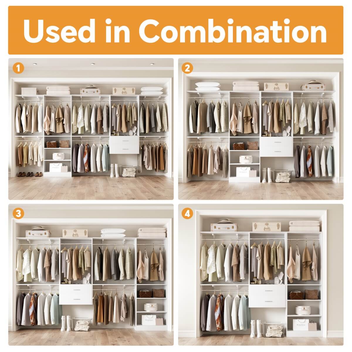 Walk in Closet System with 2 Sets, with 2 Drawers & 8 Hanging Rods, Reversible Design, 154''L x 15.7''W x 75''H