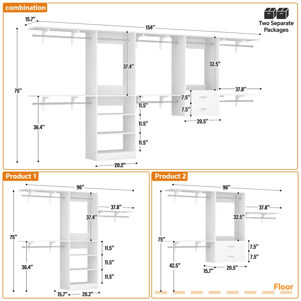 Walk in Closet System with 2 Sets, with 2 Drawers & 8 Hanging Rods, Reversible Design, 154''L x 15.7''W x 75''H