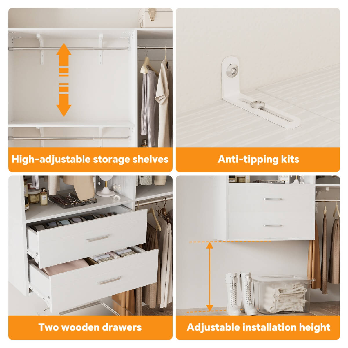 Walk in Closet System with 2 Sets, with 2 Drawers & 8 Hanging Rods, Reversible Design, 154''L x 15.7''W x 75''H