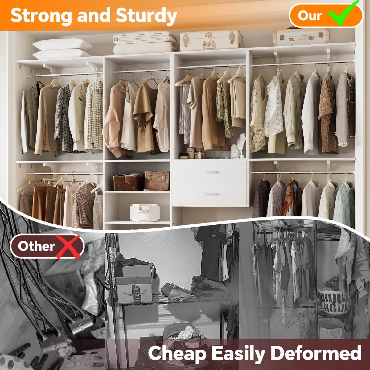 Walk in Closet System with 2 Sets, with 2 Drawers & 8 Hanging Rods, Reversible Design, 154''L x 15.7''W x 75''H