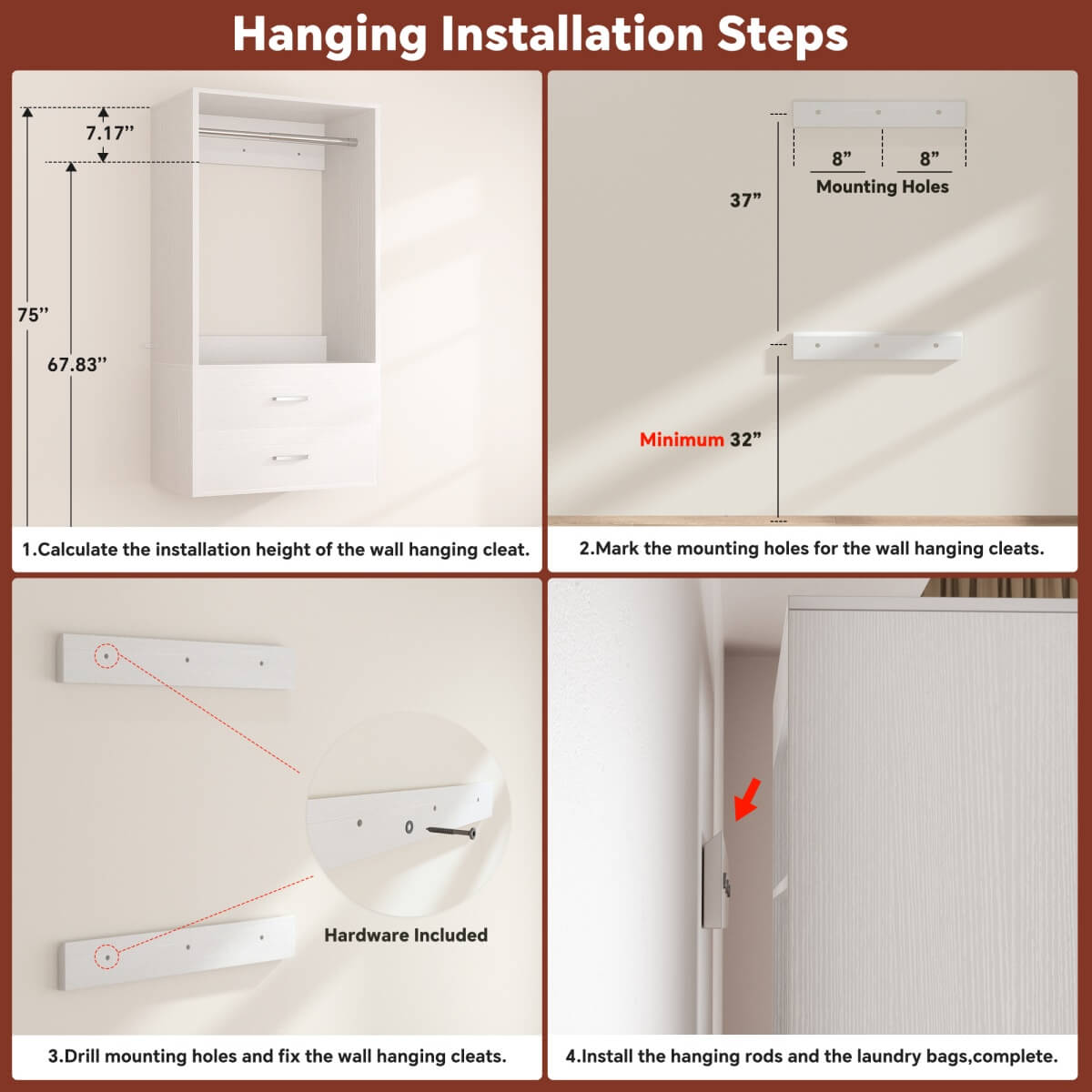Walk in Closet System with 2 Sets, with 2 Drawers & 8 Hanging Rods, Reversible Design, 154''L x 15.7''W x 75''H