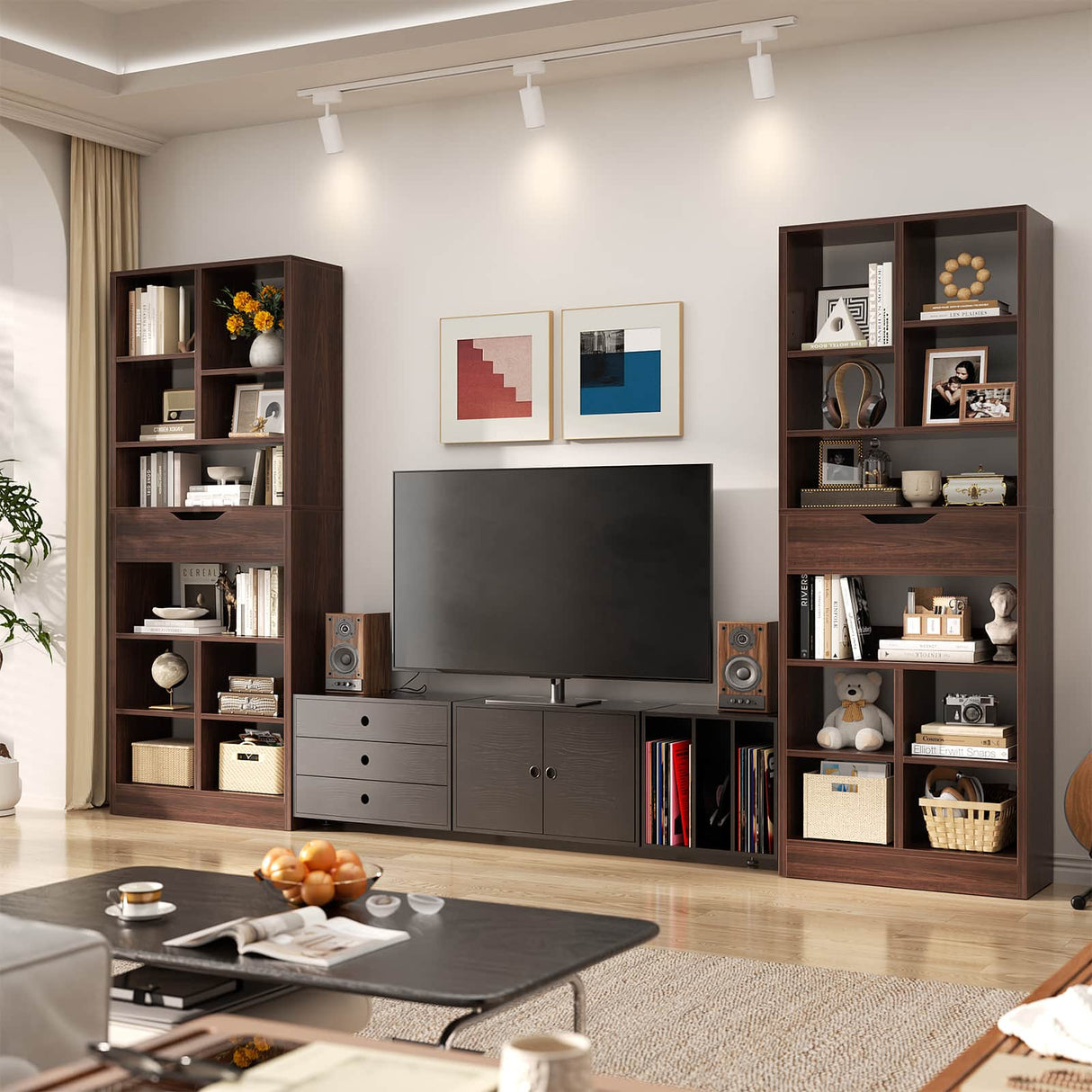 Tall Narrow Bookcase with Drawer, 6-Tier Storage Shelf with Cubes, Slim Bookshelf for Small Spaces, Living Room & Home Office