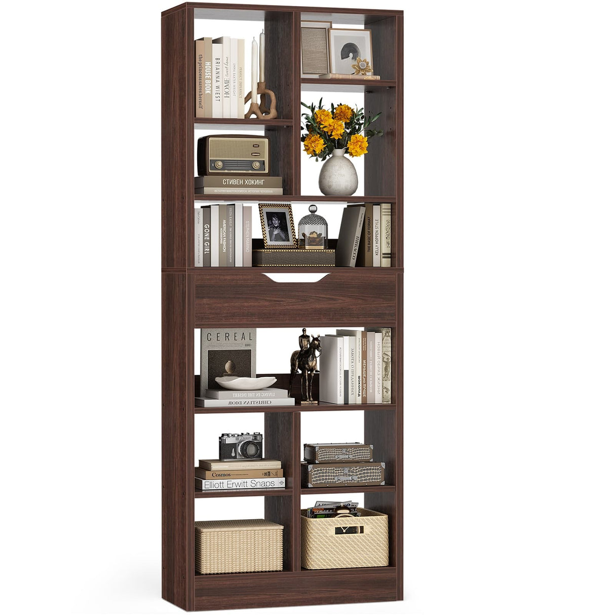 Tall Narrow Bookcase with Drawer, 6-Tier Storage Shelf with Cubes, Slim Bookshelf for Small Spaces, Living Room & Home Office