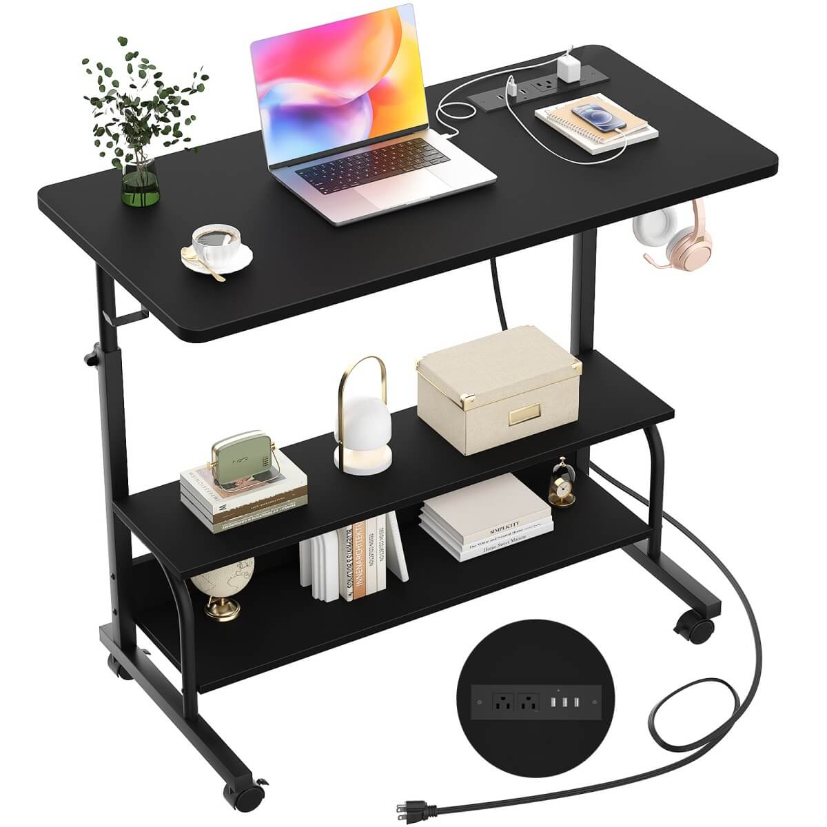 32'' Height Adjustable Standing Desk with Power Outlets and Storage Shelves
