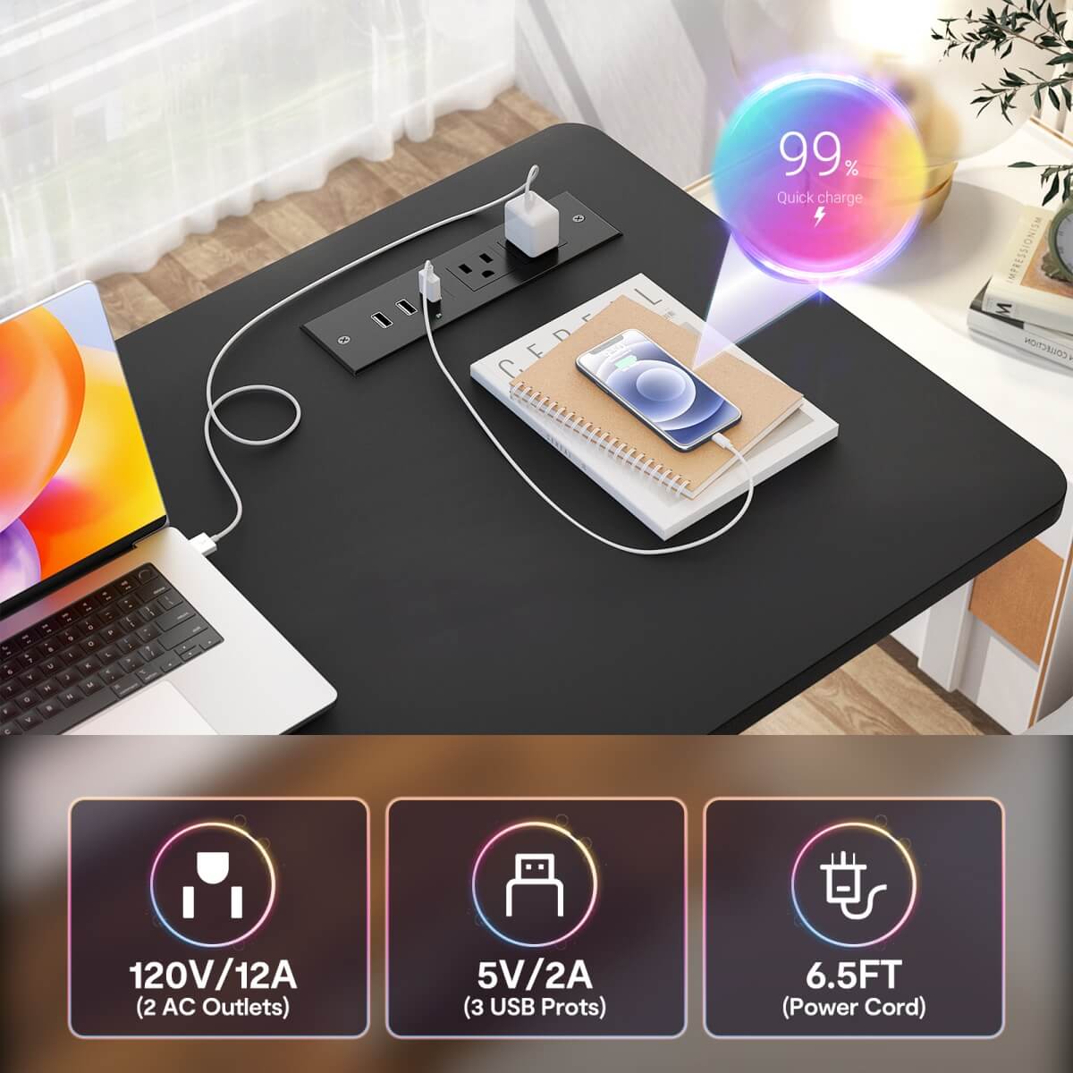 32'' Height Adjustable Standing Desk with Power Outlets and Storage Shelves