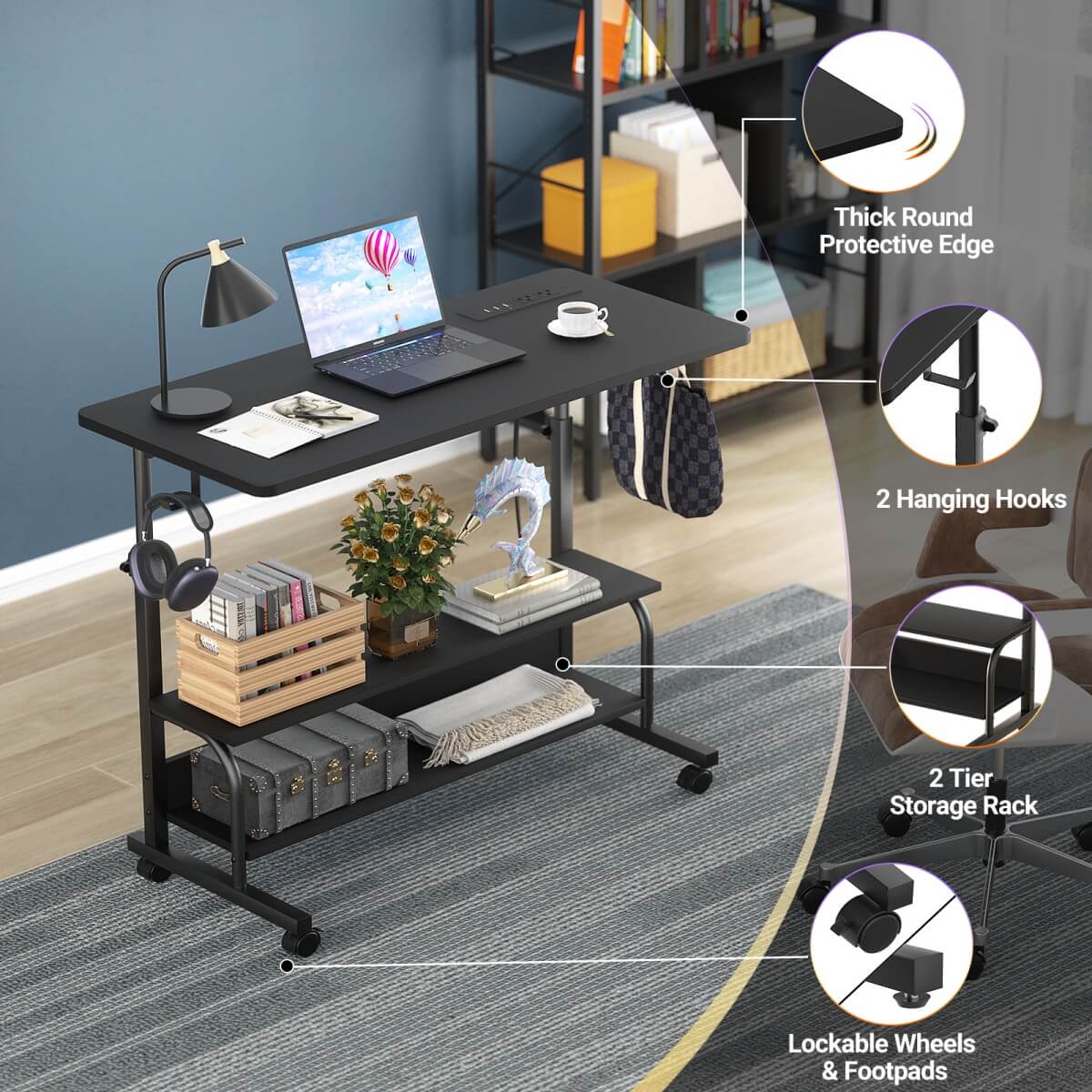32'' Height Adjustable Standing Desk with Power Outlets and Storage Shelves