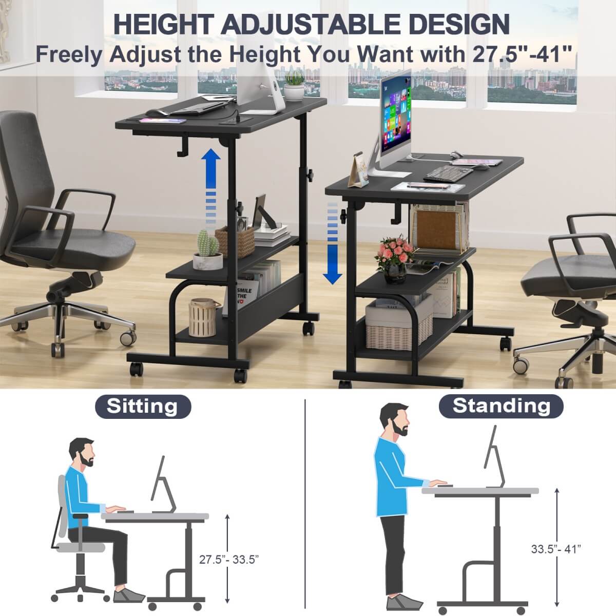 32'' Height Adjustable Standing Desk with Power Outlets and Storage Shelves