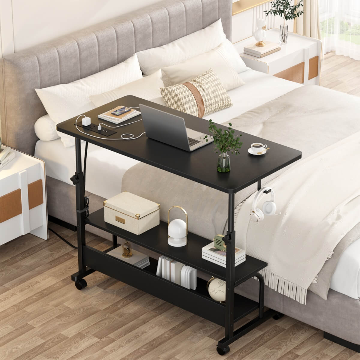 32'' Height Adjustable Standing Desk with Power Outlets and Storage Shelves