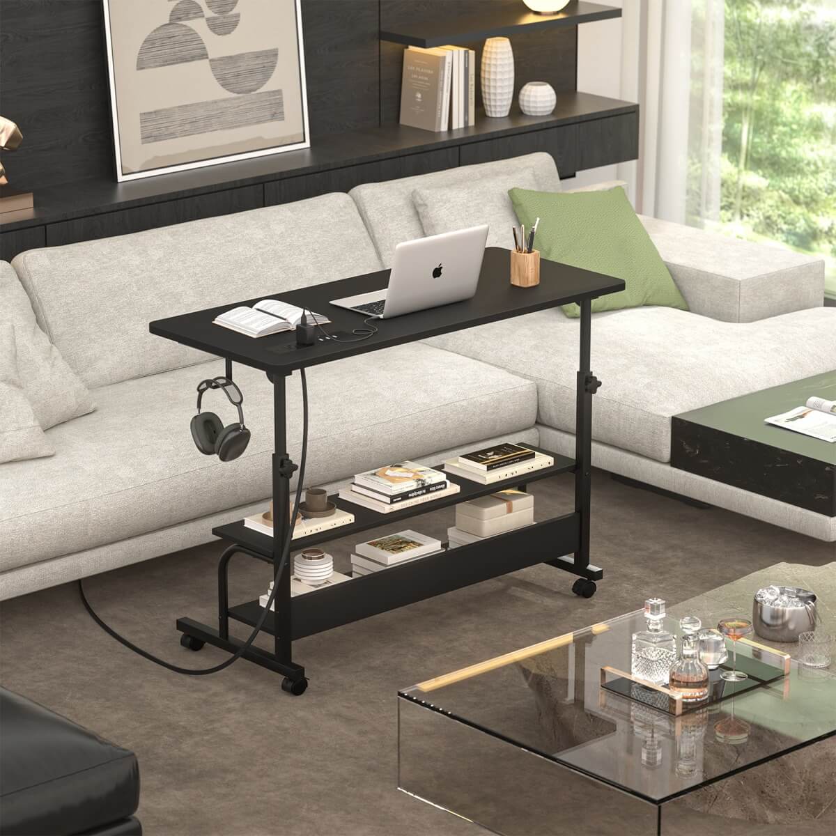 32'' Height Adjustable Standing Desk with Power Outlets and Storage Shelves