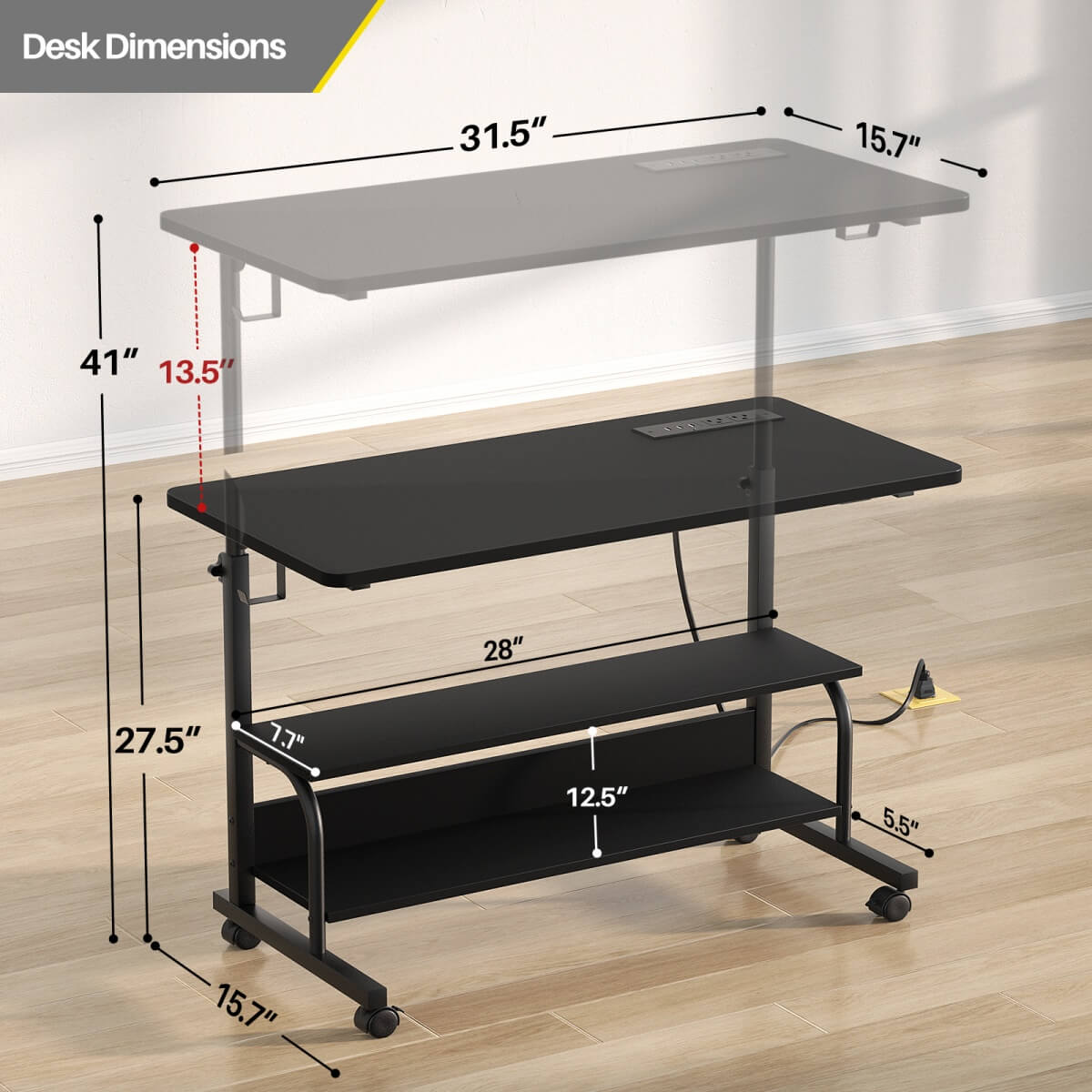 32'' Height Adjustable Standing Desk with Power Outlets and Storage Shelves