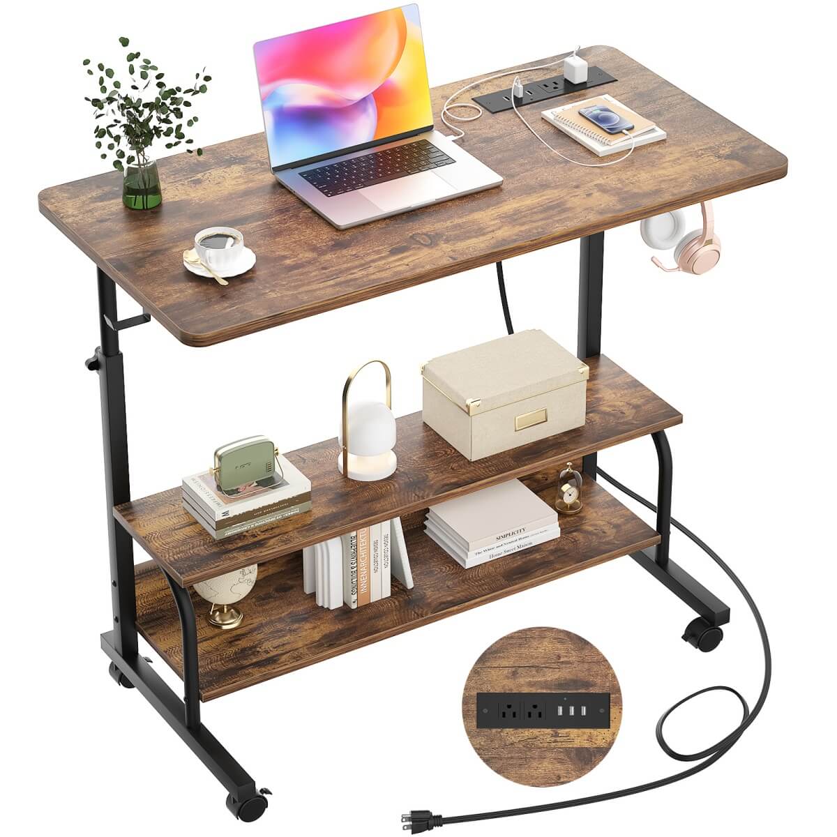 32'' Height Adjustable Standing Desk with Power Outlets and Storage Shelves