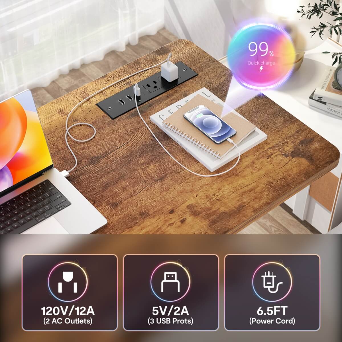 32'' Height Adjustable Standing Desk with Power Outlets and Storage Shelves