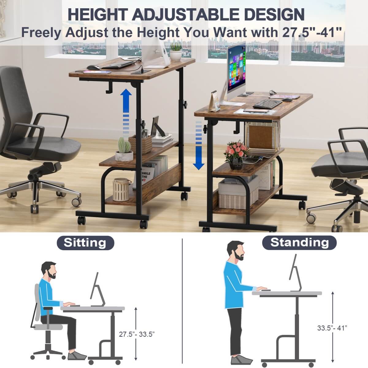 32'' Height Adjustable Standing Desk with Power Outlets and Storage Shelves
