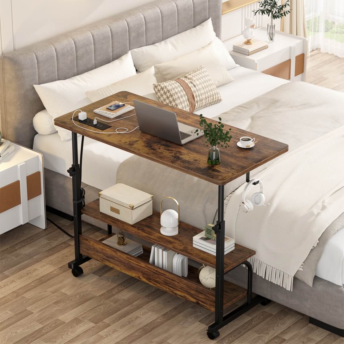 32'' Height Adjustable Standing Desk with Power Outlets and Storage Shelves