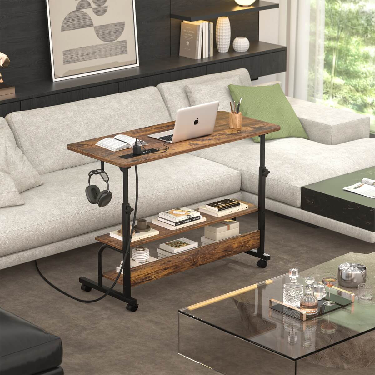 32'' Height Adjustable Standing Desk with Power Outlets and Storage Shelves