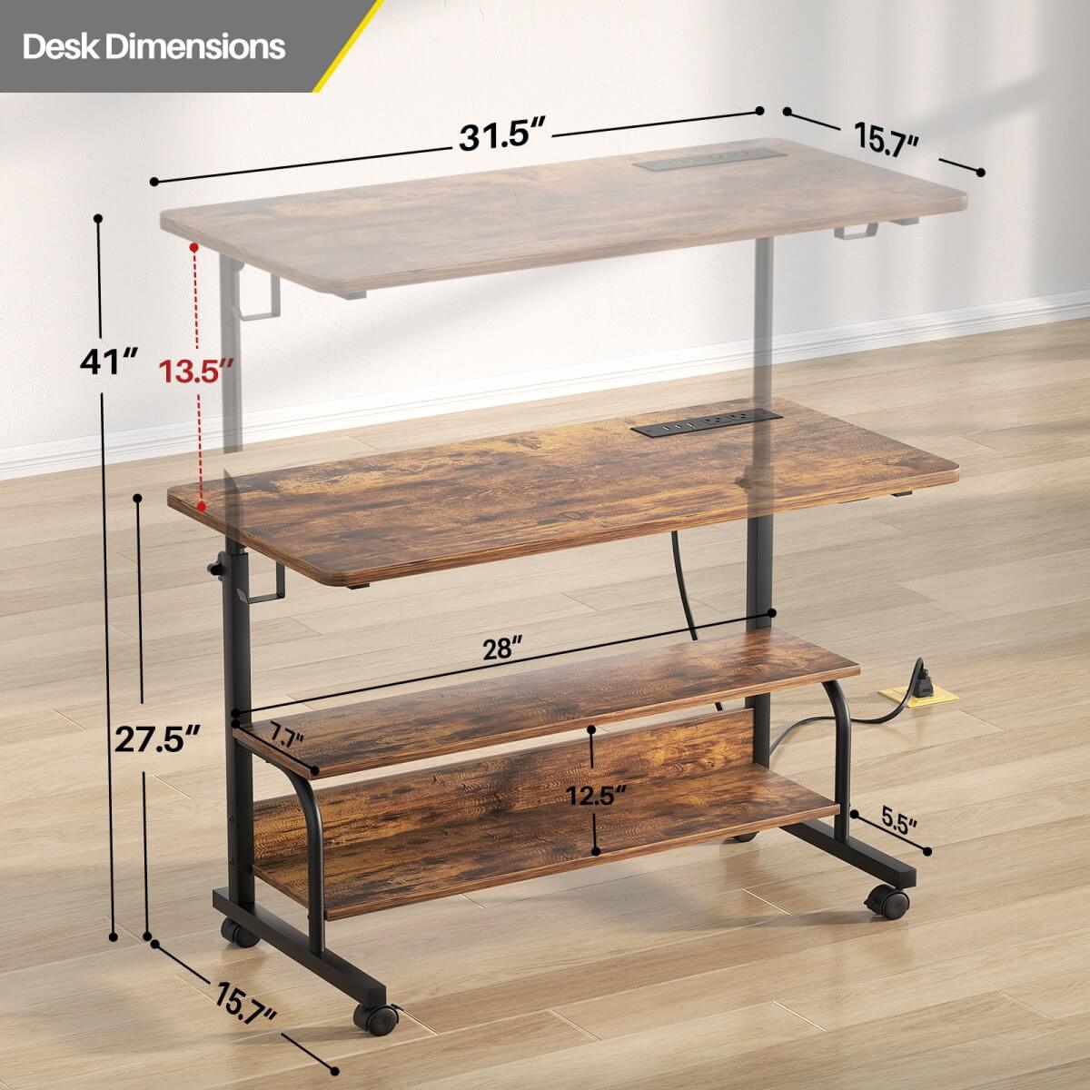 32'' Height Adjustable Standing Desk with Power Outlets and Storage Shelves