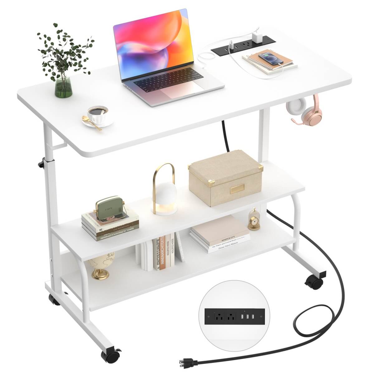 32'' Height Adjustable Standing Desk with Power Outlets and Storage Shelves