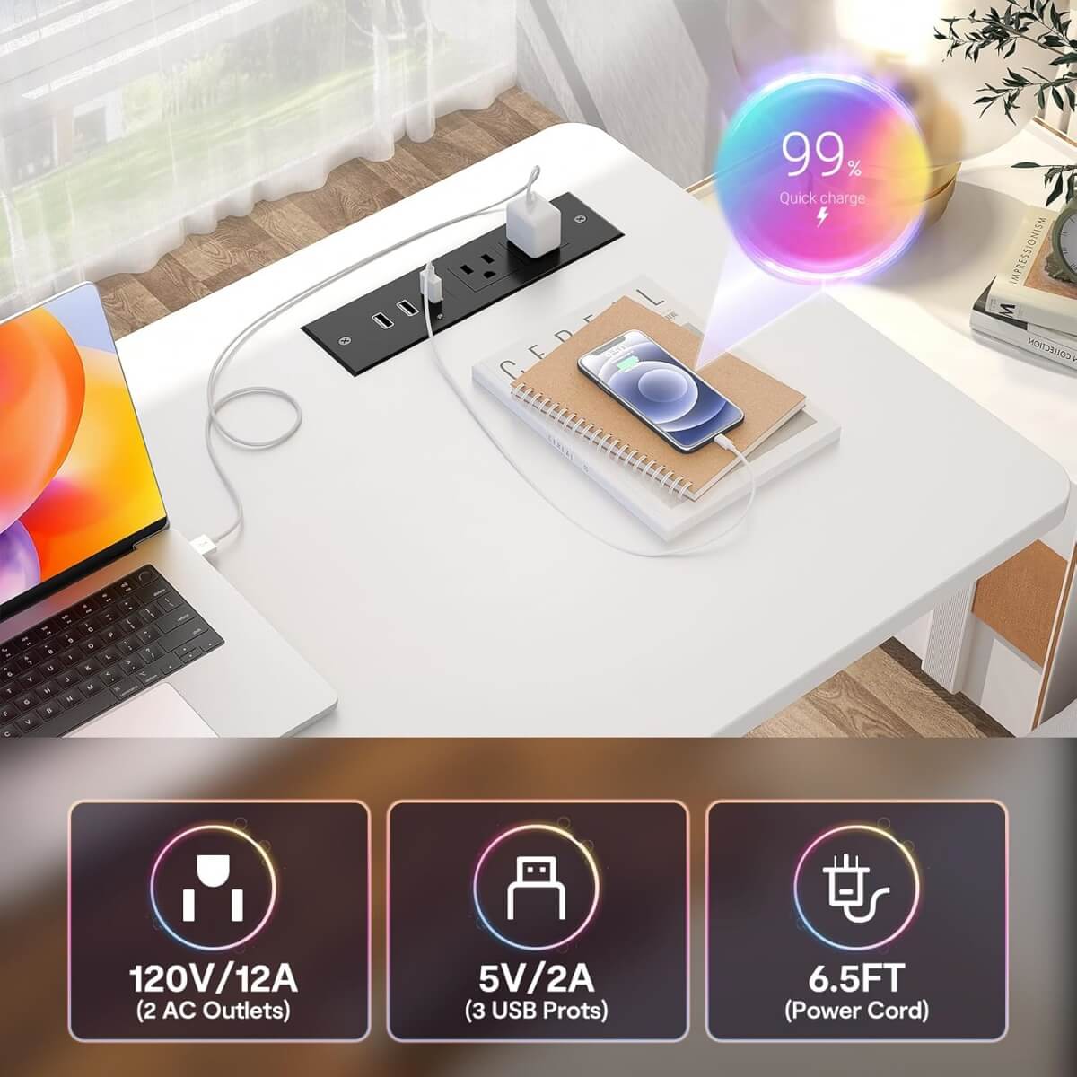 32'' Height Adjustable Standing Desk with Power Outlets and Storage Shelves