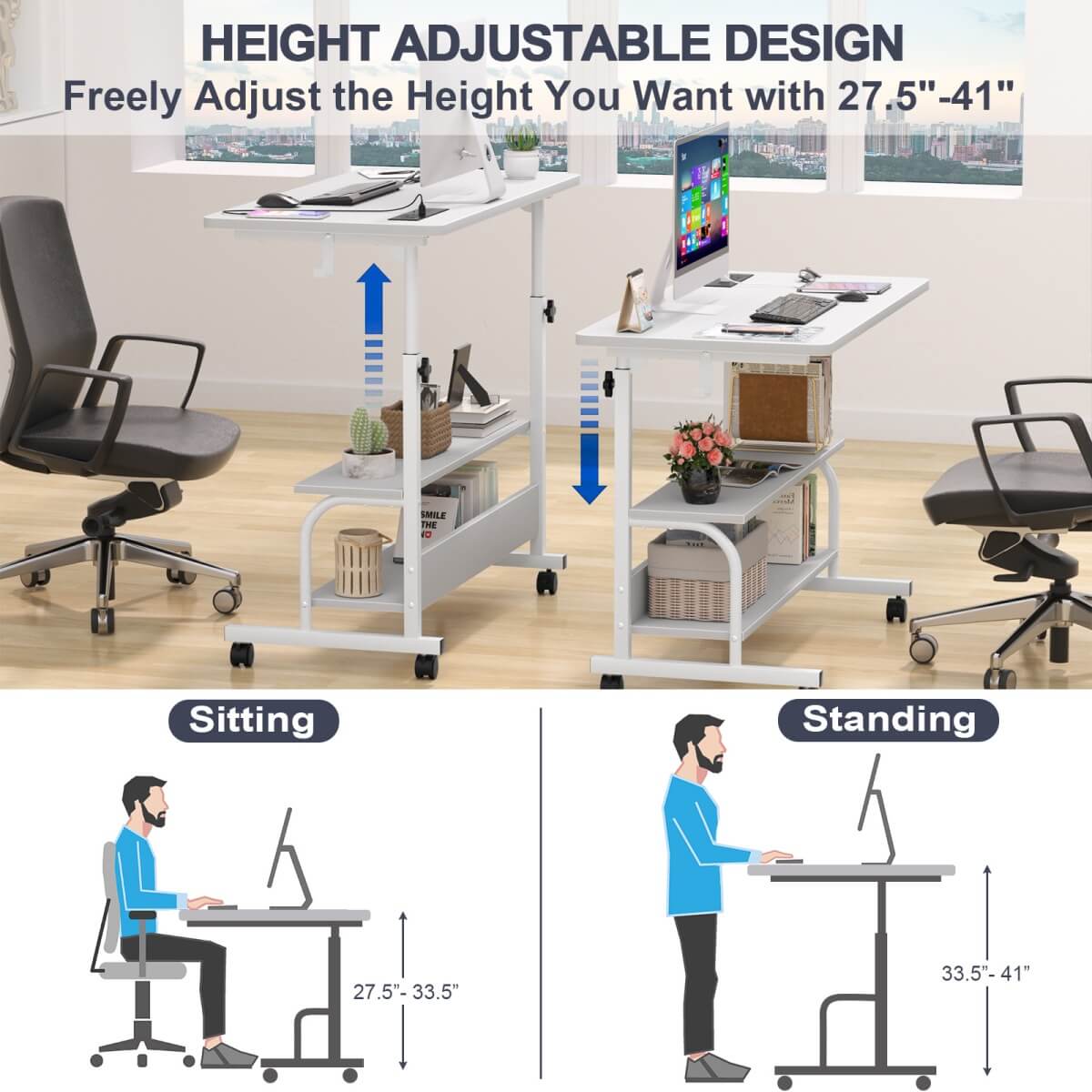 32'' Height Adjustable Standing Desk with Power Outlets and Storage Shelves