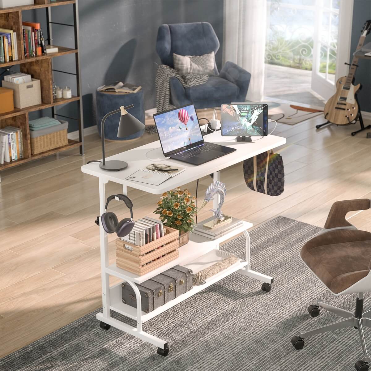 32'' Height Adjustable Standing Desk with Power Outlets and Storage Shelves