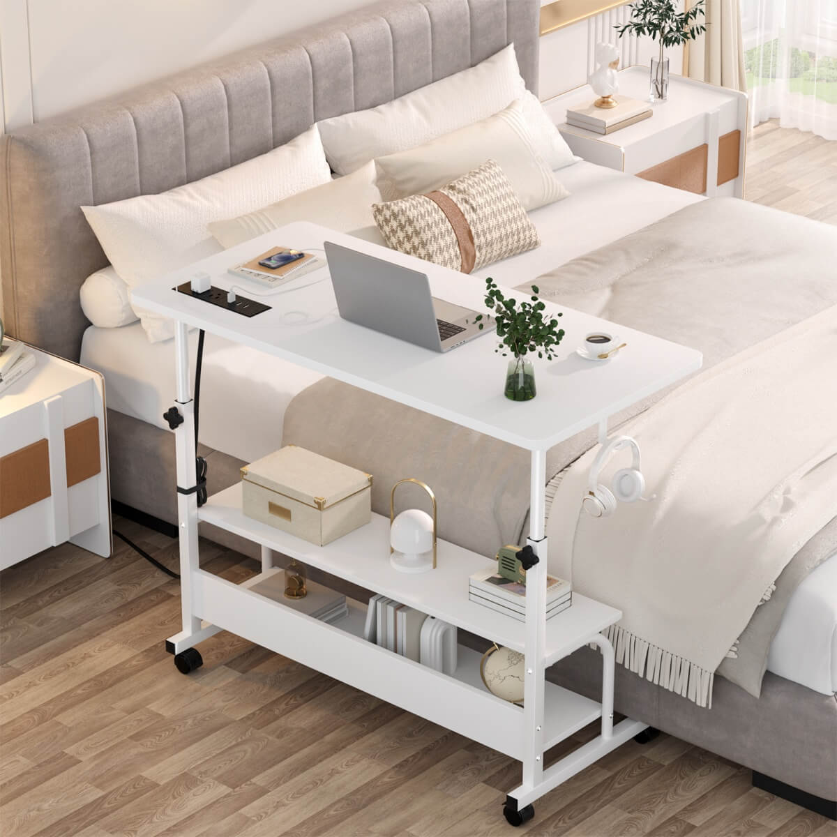 32'' Height Adjustable Standing Desk with Power Outlets and Storage Shelves