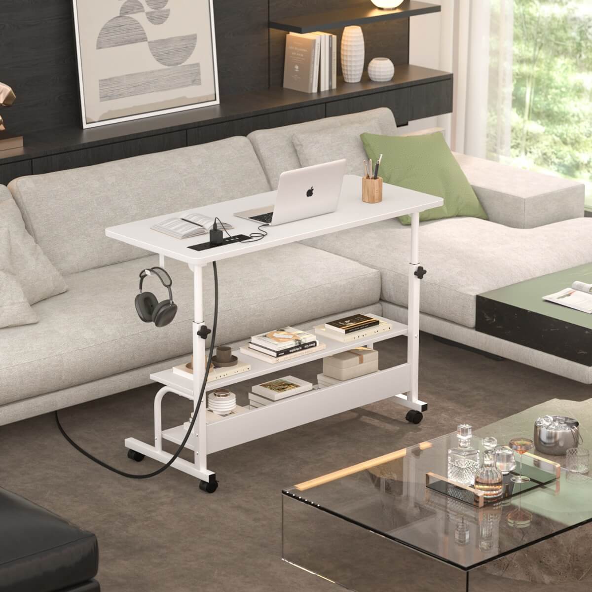 32'' Height Adjustable Standing Desk with Power Outlets and Storage Shelves