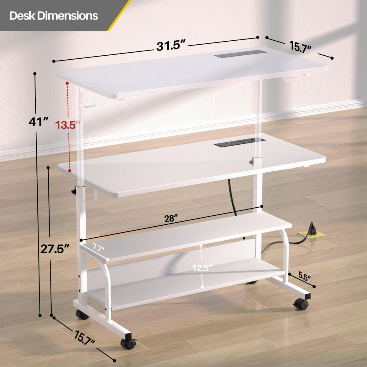 32'' Height Adjustable Standing Desk with Power Outlets and Storage Shelves