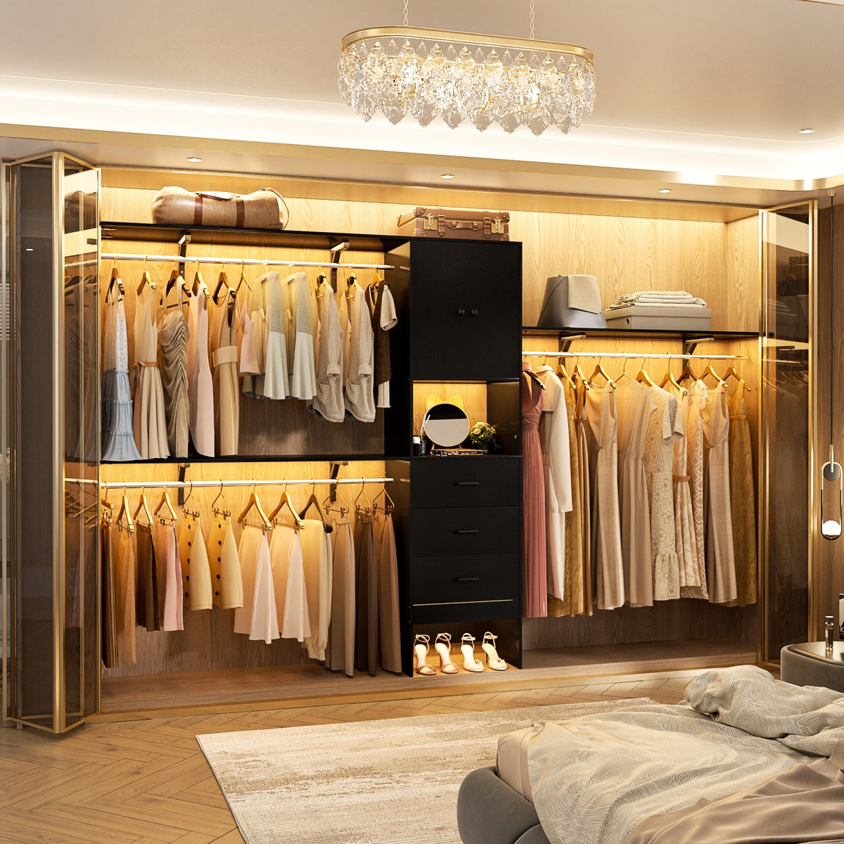120'' Large Closet System with 3 Drawers and Doors, Closet with 3 Hanging Rods & Shlef Towers