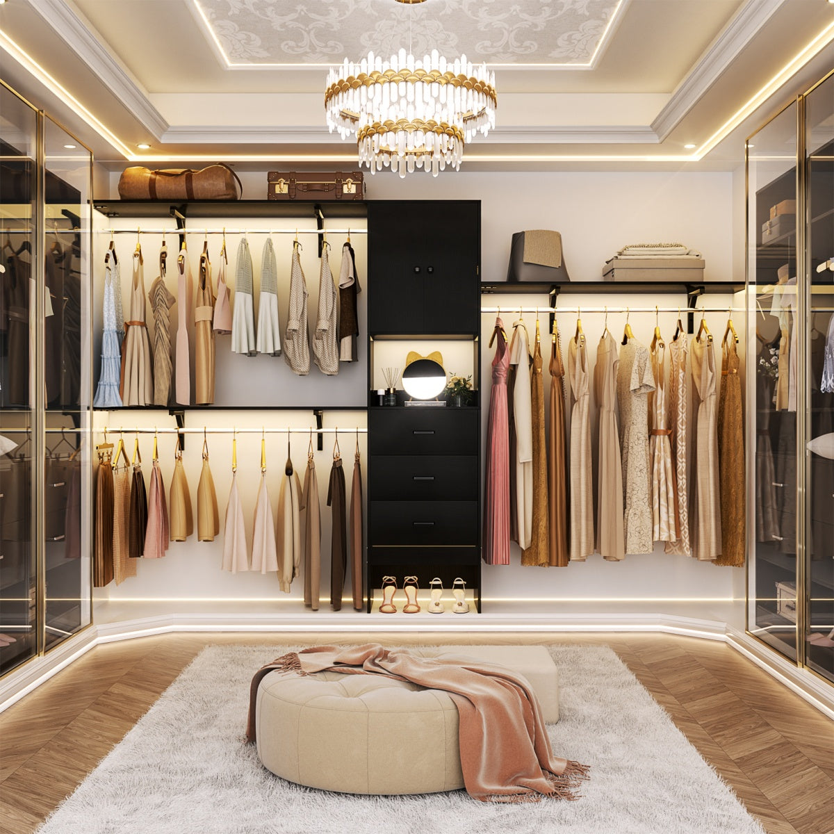 120'' Large Closet System with 3 Drawers and Doors, Closet with 3 Hanging Rods & Shlef Towers
