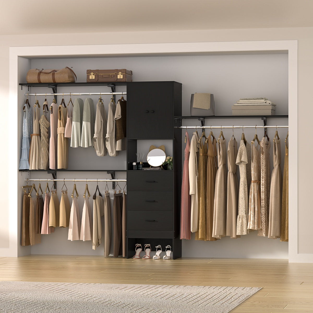 120'' Large Closet System with 3 Drawers and Doors, Closet with 3 Hanging Rods & Shlef Towers