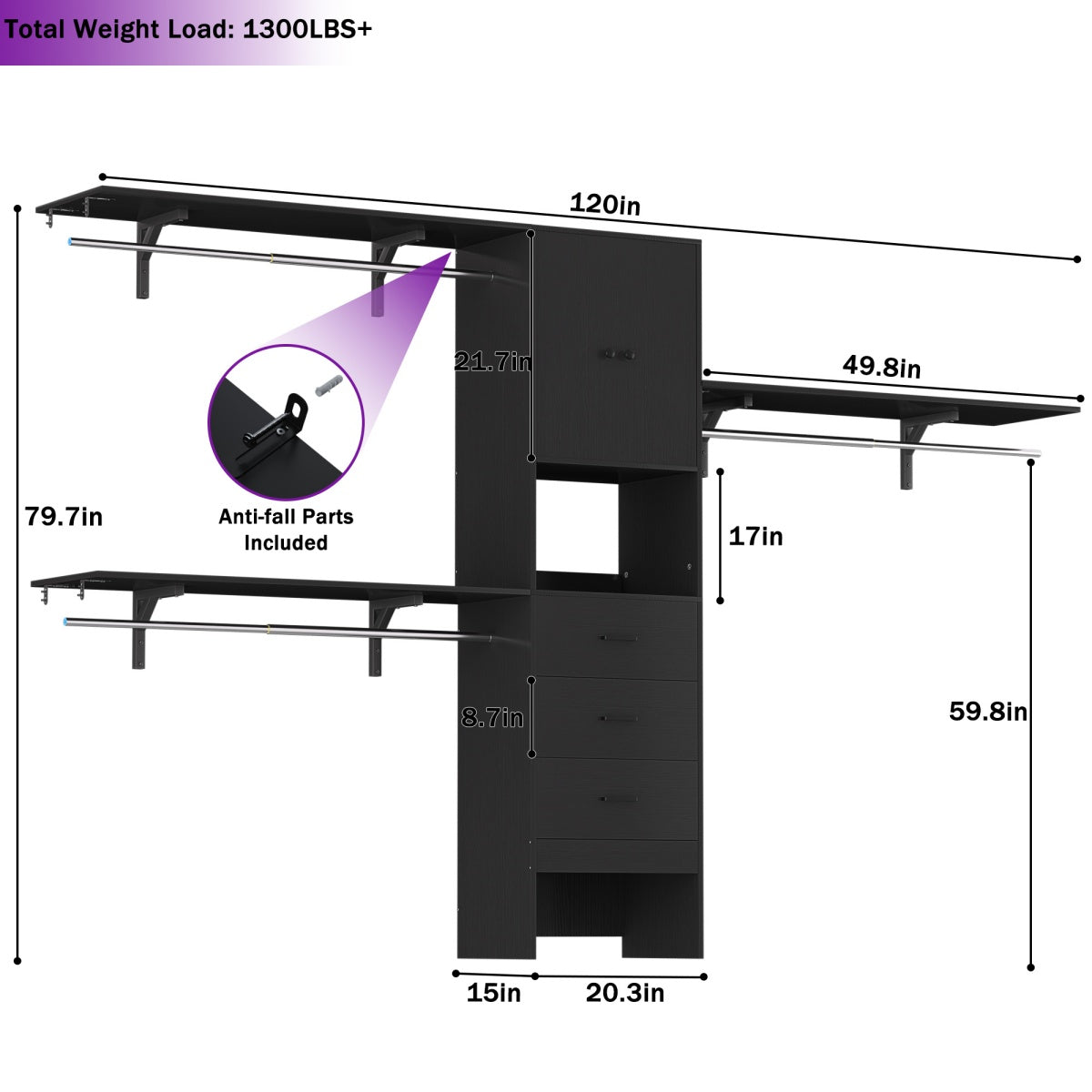 120'' Large Closet System with 3 Drawers and Doors, Closet with 3 Hanging Rods & Shlef Towers
