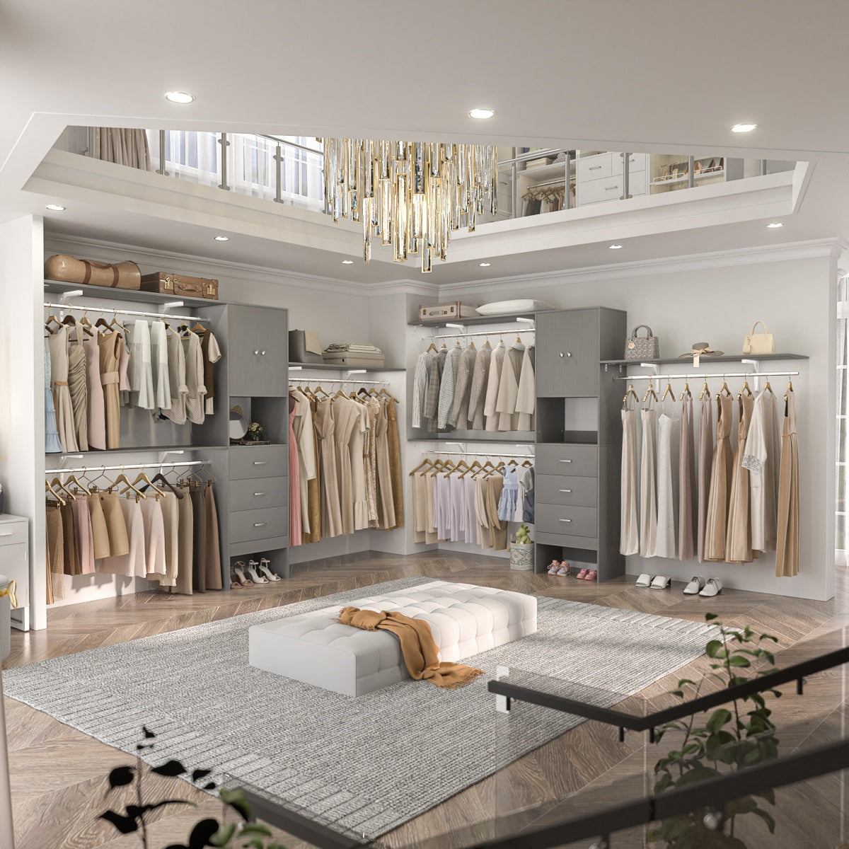 120'' Large Closet System with 3 Drawers and Doors, Closet with 3 Hanging Rods & Shlef Towers