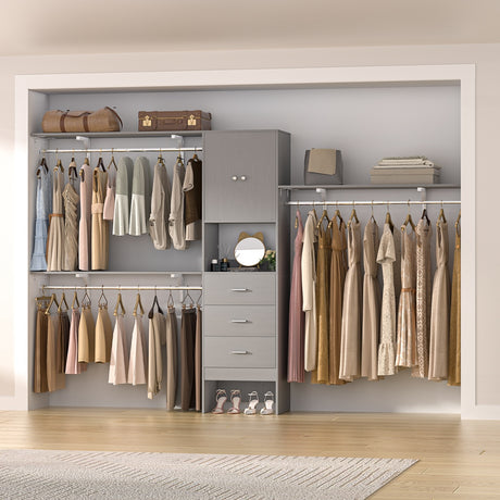 120'' Large Closet System with 3 Drawers and Doors, Closet with 3 Hanging Rods & Shlef Towers