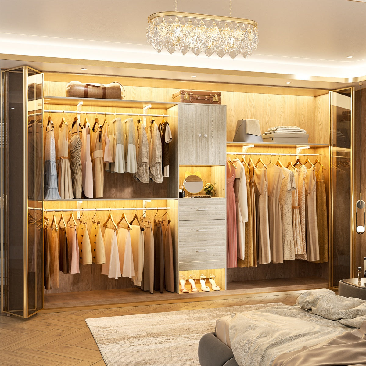 120'' Large Closet System with 3 Drawers and Doors, Closet with 3 Hanging Rods & Shlef Towers