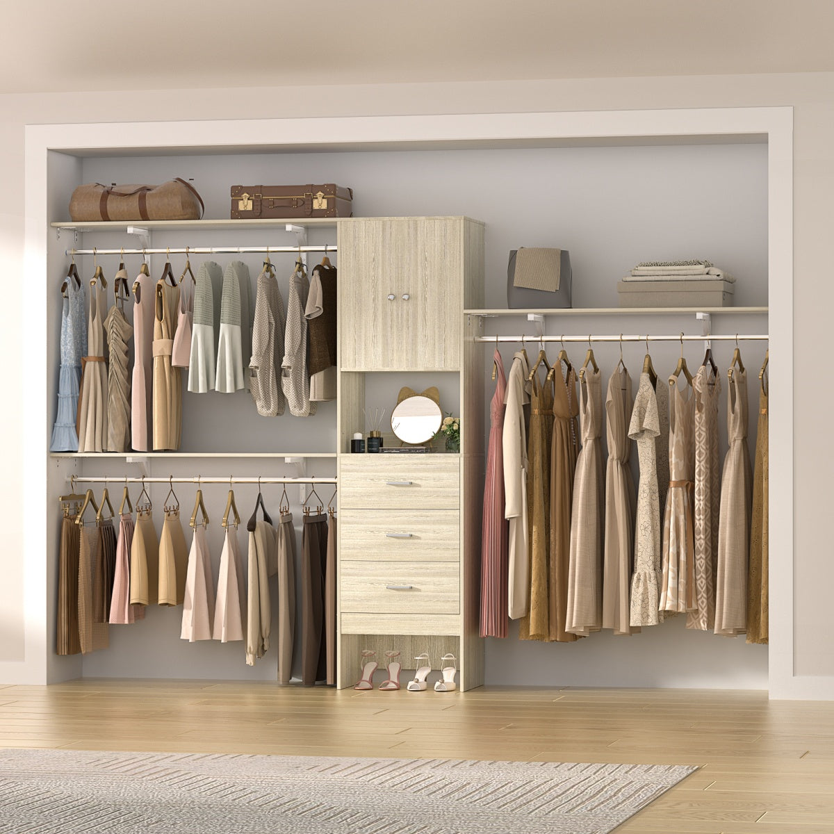 120'' Large Closet System with 3 Drawers and Doors, Closet with 3 Hanging Rods & Shlef Towers