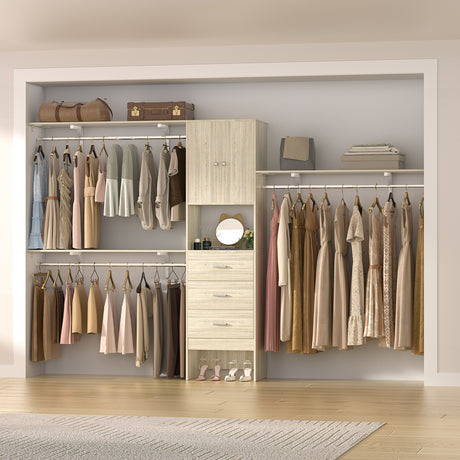 120'' Large Closet System with 3 Drawers and Doors, Closet with 3 Hanging Rods & Shlef Towers